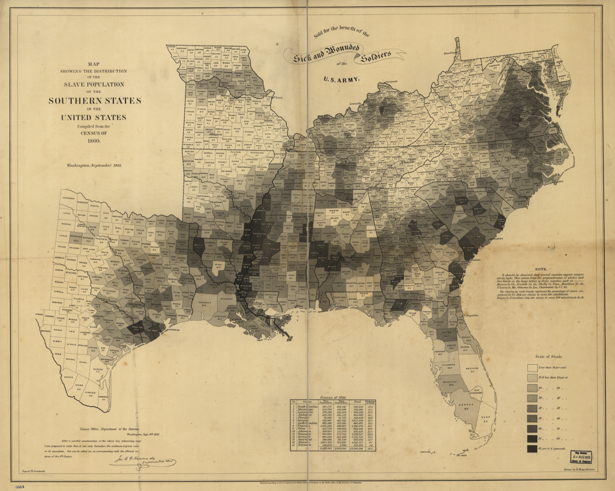 A map showing the US slave population in 1861.